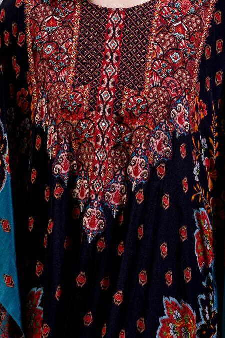 Shop_Ritu Kumar_Black Crepe, Rayon Round Floral Print Kaftan_Online_at_Aza_Fashions