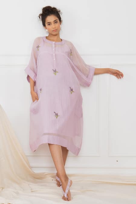 Dhaari_Purple Cotton Silk Kantha Round Neck Handwoven Floral Dress _Online_at_Aza_Fashions