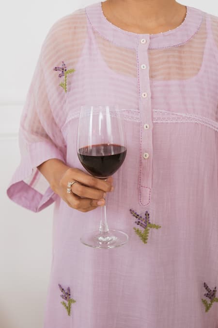 Buy_Dhaari_Purple Cotton Silk Kantha Round Neck Handwoven Floral Dress _Online_at_Aza_Fashions