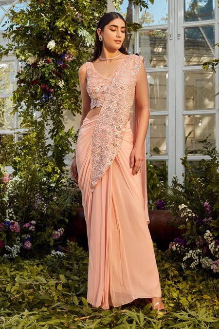 Rococo Peach Georgette Mirror Work, Sequins V Neck Kaia Pre-draped Saree With Blouse 