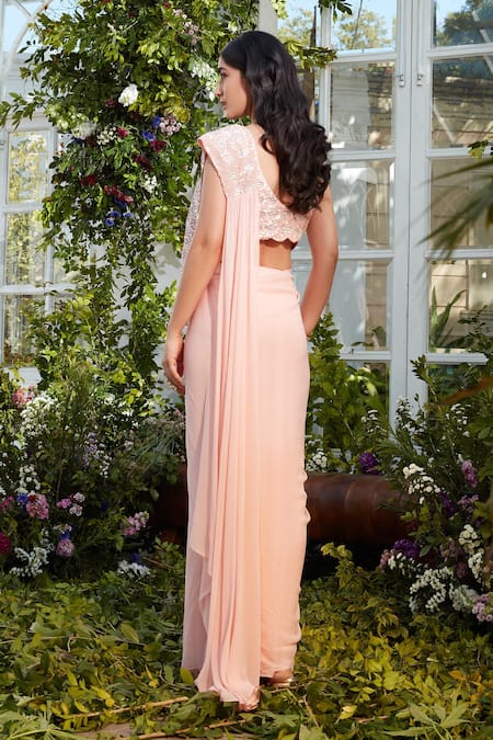 Shop Rococo Peach Georgette Mirror Work, Sequins V Neck Kaia Pre-draped Saree With Blouse at Aza Fashions Shop_Rococo_Peach Georgette Mirror Work, Sequins V Neck Kaia Pre-draped Saree With Blouse _at_Aza_Fashions