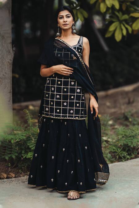 Kaia_Black Cotton, Organza Leaf Neck Embroidered Kurta Sharara Set_Online_at_Aza_Fashions