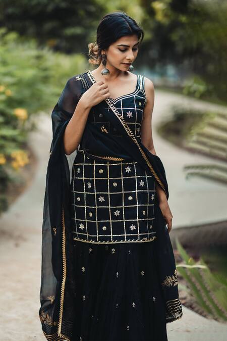 Buy_Kaia_Black Cotton, Organza Leaf Neck Embroidered Kurta Sharara Set_Online_at_Aza_Fashions