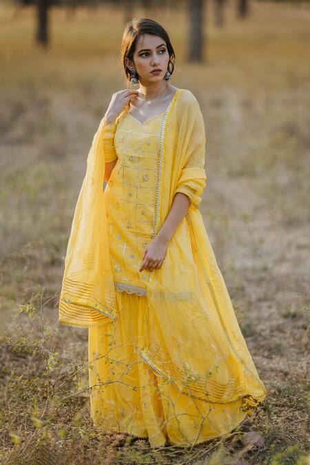 Kaia Yellow Cotton, Organza Leaf Neck Embroidered Kurta Sharara Set Online at Aza Fashions Kaia_Yellow Cotton, Organza Leaf Neck Embroidered Kurta Sharara Set_Online_at_Aza_Fashions