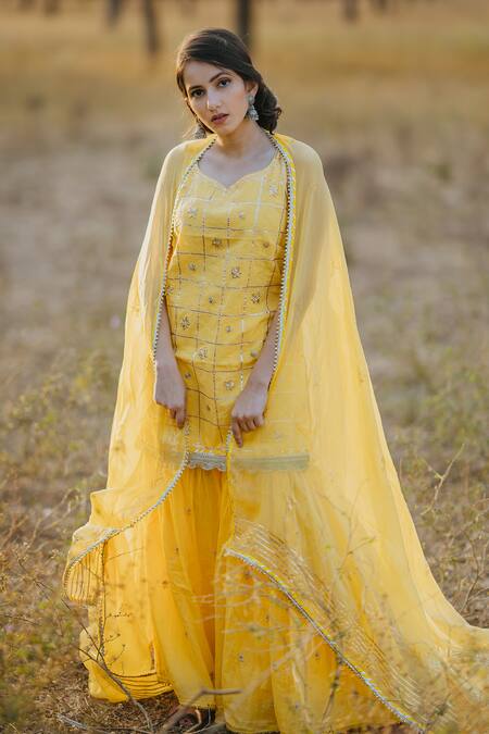 Shop Kaia Yellow Cotton, Organza Leaf Neck Embroidered Kurta Sharara Set at Aza Fashions Shop_Kaia_Yellow Cotton, Organza Leaf Neck Embroidered Kurta Sharara Set_at_Aza_Fashions