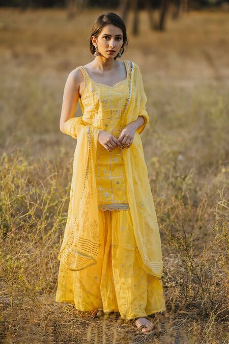 Buy Kaia Yellow Cotton, Organza Leaf Neck Embroidered Kurta Sharara Set Online at Aza Fashions Buy_Kaia_Yellow Cotton, Organza Leaf Neck Embroidered Kurta Sharara Set_Online_at_Aza_Fashions