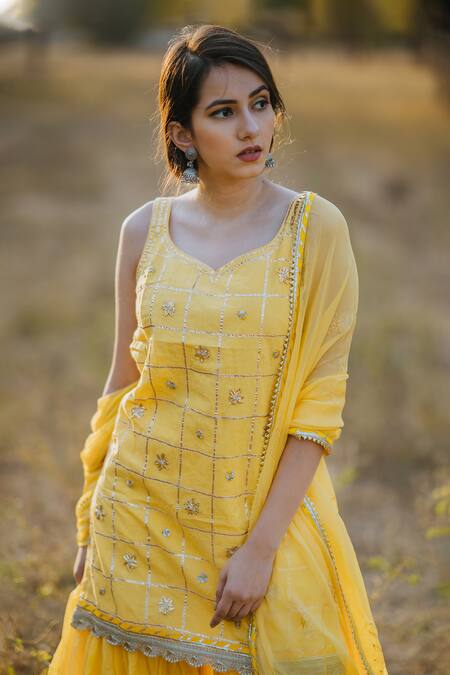 Shop Kaia Yellow Cotton, Organza Leaf Neck Embroidered Kurta Sharara Set Online at Aza Fashions Shop_Kaia_Yellow Cotton, Organza Leaf Neck Embroidered Kurta Sharara Set_Online_at_Aza_Fashions