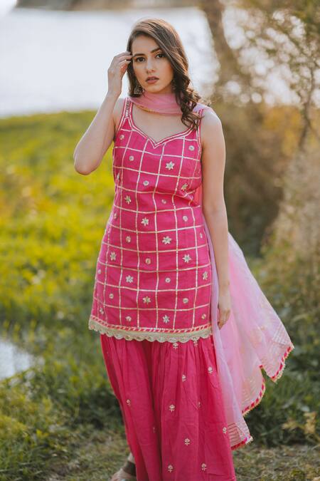 Kaia_Pink Cotton, Organza Leaf Neck Embroidered Kurta Sharara Set_Online_at_Aza_Fashions