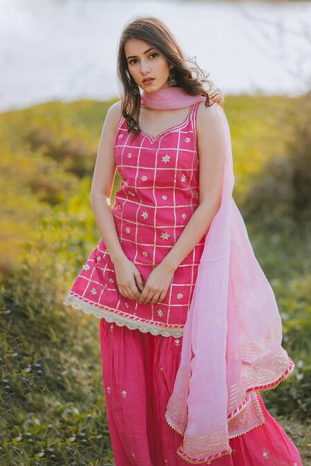 Shop_Kaia_Pink Cotton, Organza Leaf Neck Embroidered Kurta Sharara Set_Online_at_Aza_Fashions