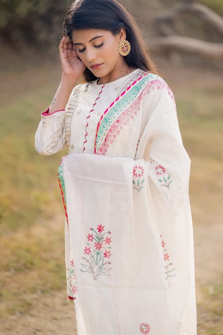 Kaia_White Cotton Mul Round Embroidered Kurta Sharara Set_Online_at_Aza_Fashions