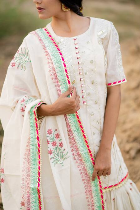 Kaia_White Cotton Mul Round Embroidered Kurta Sharara Set_Online_at_Aza_Fashions