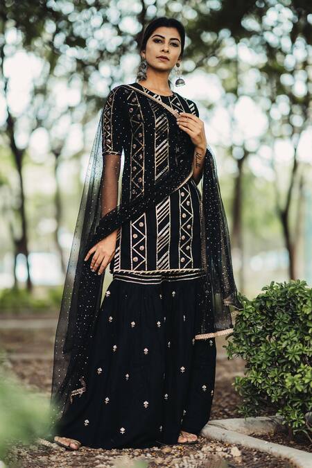 Shop Kaia Black Cotton Round Embroidered Kurta Sharara Set at Aza Fashions Shop_Kaia_Black Cotton Round Embroidered Kurta Sharara Set_at_Aza_Fashions