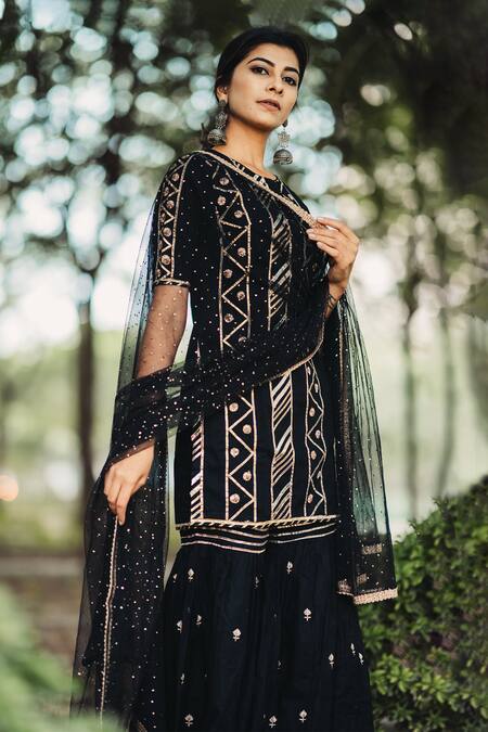 Kaia Black Cotton Round Embroidered Kurta Sharara Set Online at Aza Fashions Kaia_Black Cotton Round Embroidered Kurta Sharara Set_Online_at_Aza_Fashions