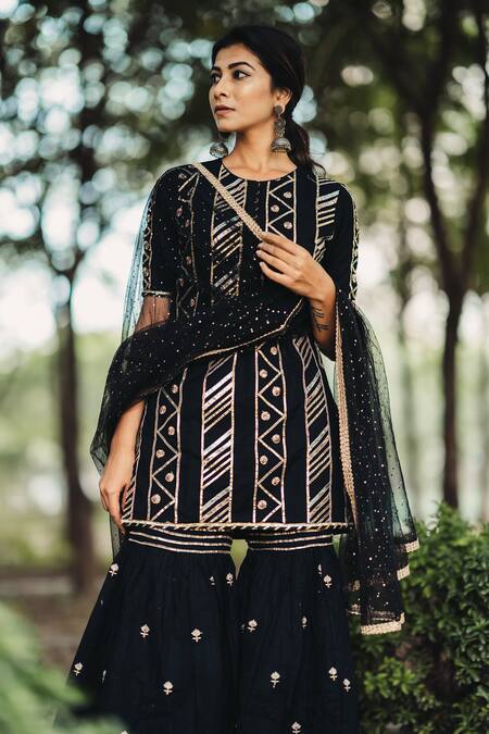 Buy Kaia Black Cotton Round Embroidered Kurta Sharara Set Online at Aza Fashions Buy_Kaia_Black Cotton Round Embroidered Kurta Sharara Set_Online_at_Aza_Fashions