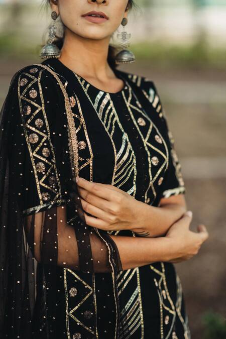 Shop Kaia Black Cotton Round Embroidered Kurta Sharara Set Online at Aza Fashions Shop_Kaia_Black Cotton Round Embroidered Kurta Sharara Set_Online_at_Aza_Fashions