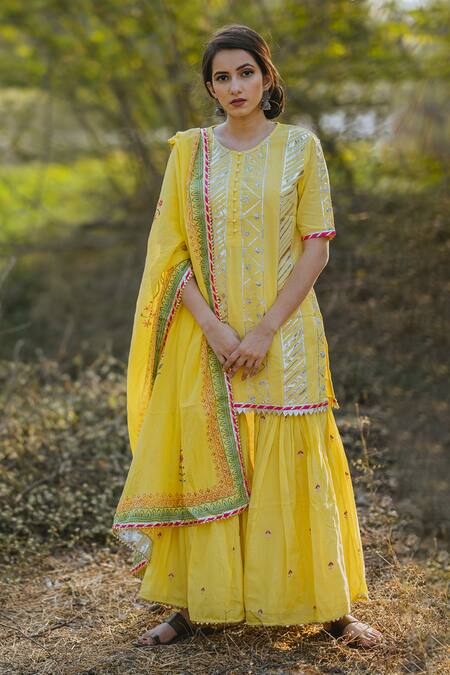 Kaia Yellow Cotton Mul Round Embroidered Kurta Sharara Set Online at Aza Fashions Kaia_Yellow Cotton Mul Round Embroidered Kurta Sharara Set_Online_at_Aza_Fashions