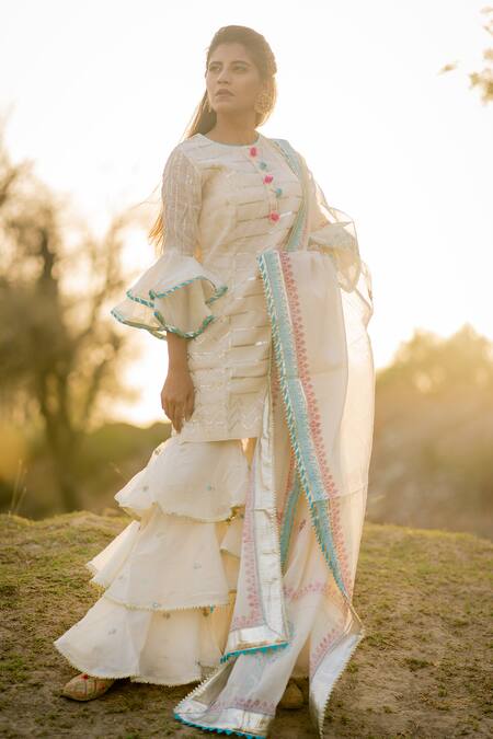 Kaia_White Cotton Mul Round Embroidered Kurta Sharara Set_Online_at_Aza_Fashions