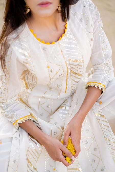 Shop_Kaia_White Cotton Mul Round Embroidered Kurta Gharara Set _Online_at_Aza_Fashions