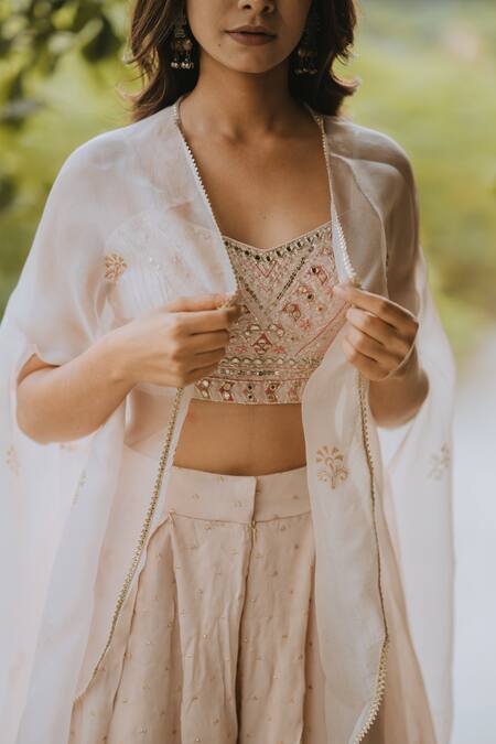 Shop Kaia Gold Silk, Organza, Satin V Neck Cape And Pant Set Online at Aza Fashions Shop_Kaia_Gold Silk, Organza, Satin V Neck Cape And Pant Set_Online_at_Aza_Fashions