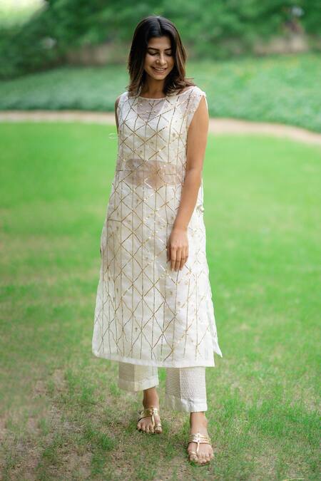 Buy_Kaia_White Silk, Organza Crop Top Halter Tunic Round And Pant Set_Online_at_Aza_Fashions