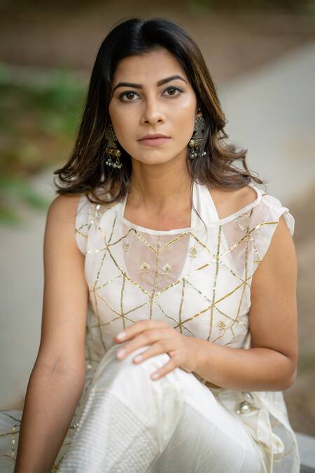 Shop_Kaia_White Silk, Organza Crop Top Halter Tunic Round And Pant Set_Online_at_Aza_Fashions