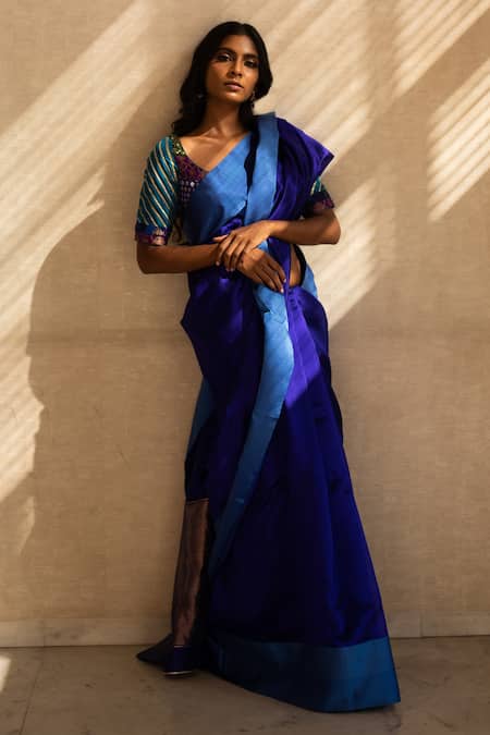 Priyanka Raajiv Blue Silk Chanderi Solid Saree