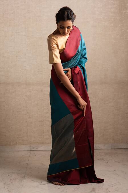 Priyanka Raajiv_Blue Silk Chanderi Saree_Online_at_Aza_Fashions