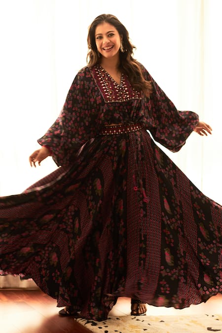 Buy_Punit Balana_Black Hand Block Print, Resham, And Mirror V Neck Top & Skirt Set _Online_at_Aza_Fashions