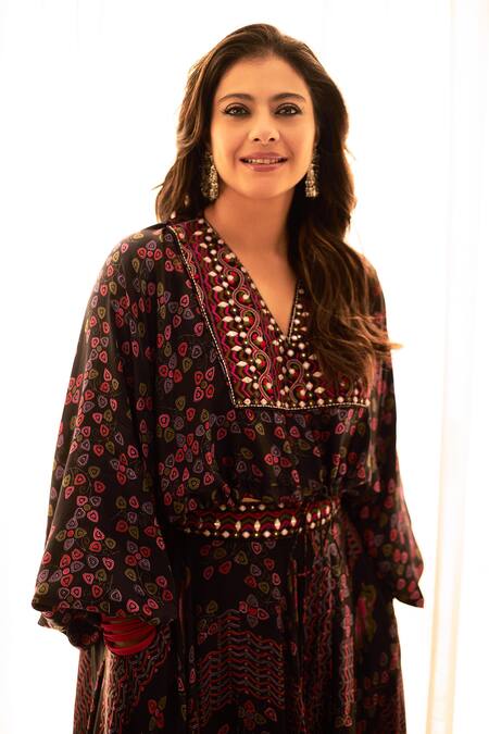 Shop_Punit Balana_Black Hand Block Print, Resham, And Mirror V Neck Top & Skirt Set _Online_at_Aza_Fashions