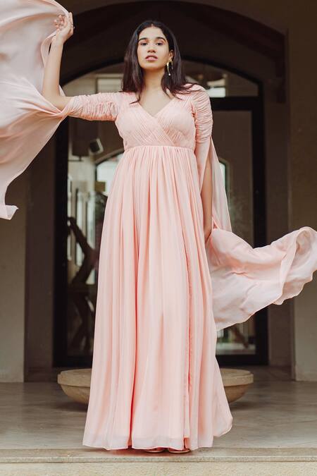 Pinup By Astha_Peach Flat Chiffon V Neck Kakia Draped Sleeves Gown _Online_at_Aza_Fashions