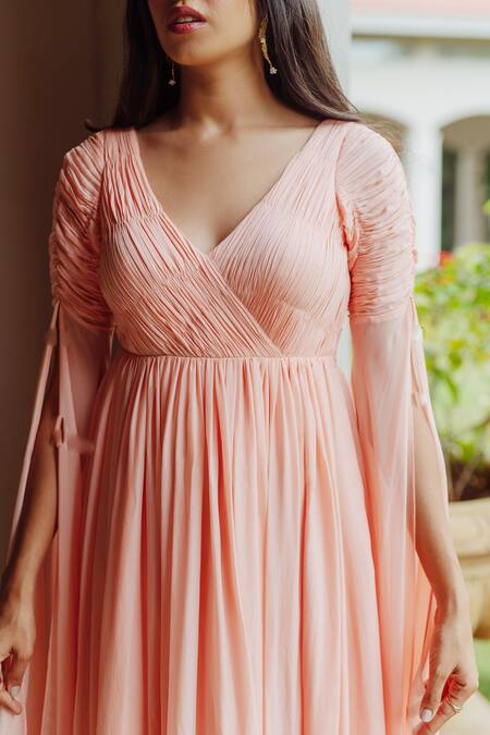 Buy_Pinup By Astha_Peach Flat Chiffon V Neck Kakia Draped Sleeves Gown _Online_at_Aza_Fashions