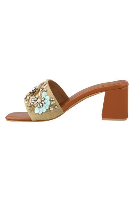 Buy_Kaltheos_Brown Crystals, Fabric Flowers Embellished Heels_Online_at_Aza_Fashions