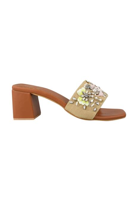 Kaltheos_Brown Crystals, Fabric Flowers Embellished Heels_at_Aza_Fashions
