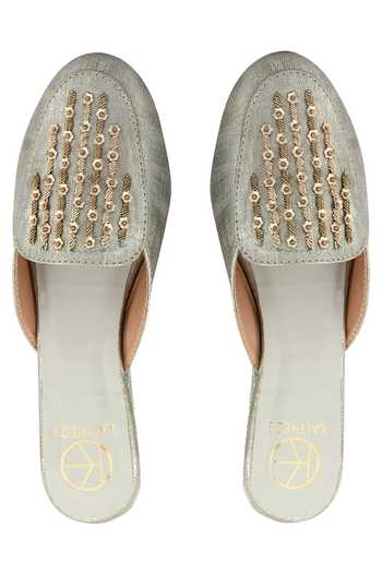 Kaltheos_Grey Embroidered Olivia Wedge Mules_Online_at_Aza_Fashions