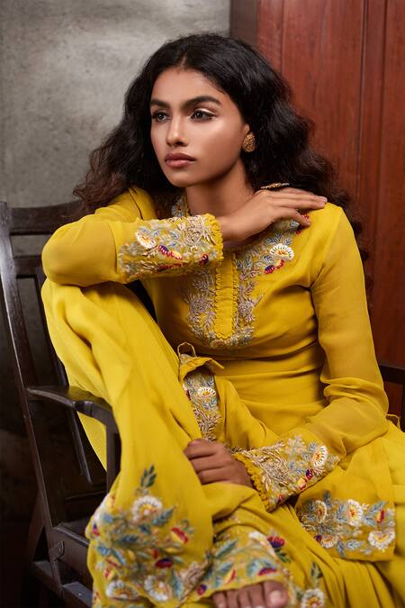 Shop_Stotram_Yellow Embellished Round Embroidered Kurta Palazzo Set_Online_at_Aza_Fashions