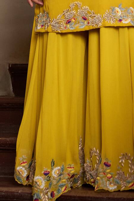 Stotram_Yellow Embellished Round Embroidered Kurta Palazzo Set_at_Aza_Fashions