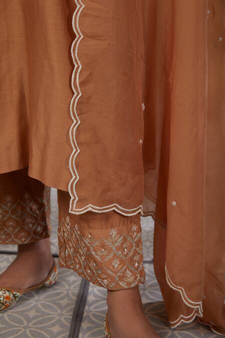 Shop_Kefi Collections_Beige , Organza, Chanderi Sequins, Pearls, Embroidery, Zari Kurta Set_Online_at_Aza_Fashions