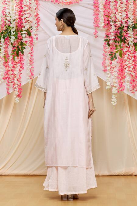 Shop_Kameez_Pink Kurta - Chanderi Embroidered Floral Round Gota Work And Inner Dress Set _at_Aza_Fashions