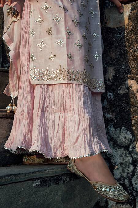 Shop_Kameez_Pink Kurta - Chanderi Embroidered Floral Round Gota Work And Inner Dress Set _Online_at_Aza_Fashions
