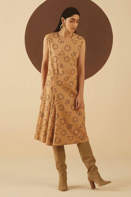 Kanelle_Brown Cotton Twill Macy Draped Printed Dress_Online_at_Aza_Fashions
