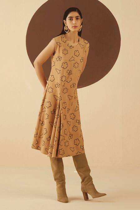 Buy_Kanelle_Brown Cotton Twill Macy Draped Printed Dress_Online_at_Aza_Fashions