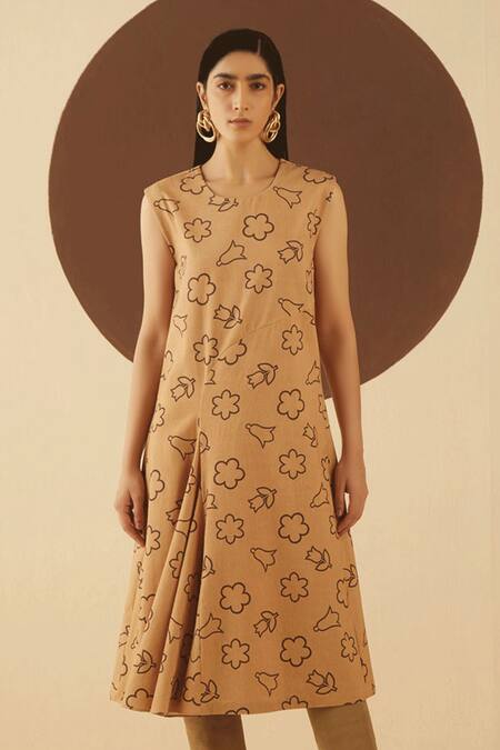 Shop_Kanelle_Brown Cotton Twill Macy Draped Printed Dress_Online_at_Aza_Fashions