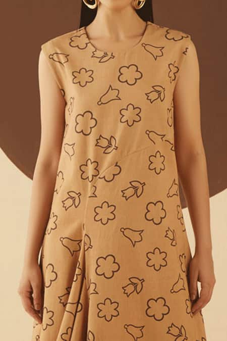 Kanelle_Brown Cotton Twill Macy Draped Printed Dress_at_Aza_Fashions