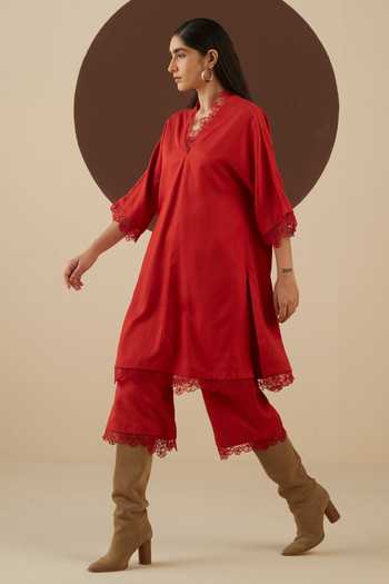 Kanelle_Red Tencel Ashley Tunic And Culottes Set_Online_at_Aza_Fashions