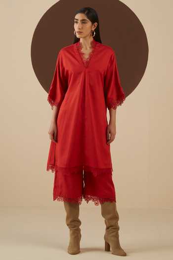 Buy_Kanelle_Red Tencel Ashley Tunic And Culottes Set_Online_at_Aza_Fashions