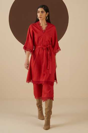 Shop_Kanelle_Red Tencel Ashley Tunic And Culottes Set_Online_at_Aza_Fashions