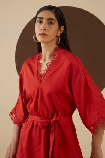 Kanelle_Red Tencel Ashley Tunic And Culottes Set_at_Aza_Fashions