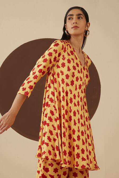 Kanelle_Yellow Modal Satin Aviva Printed Tunic_Online_at_Aza_Fashions