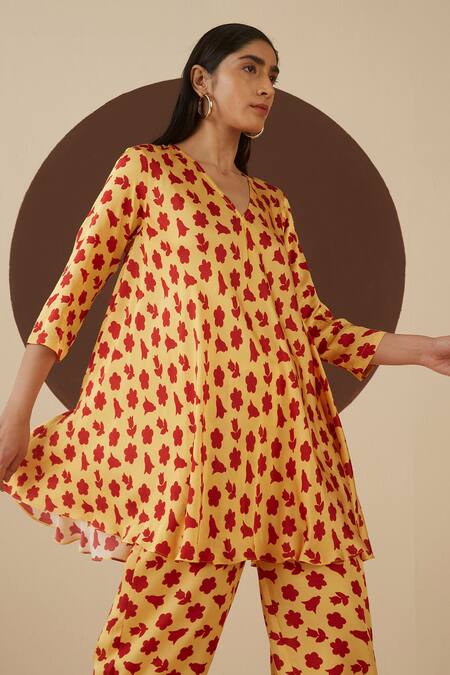 Buy_Kanelle_Yellow Modal Satin Aviva Printed Tunic_Online_at_Aza_Fashions