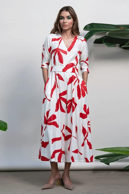 Kanelle Ivory Viscose Twill Leaf V Neck Faith Jumpsuit 